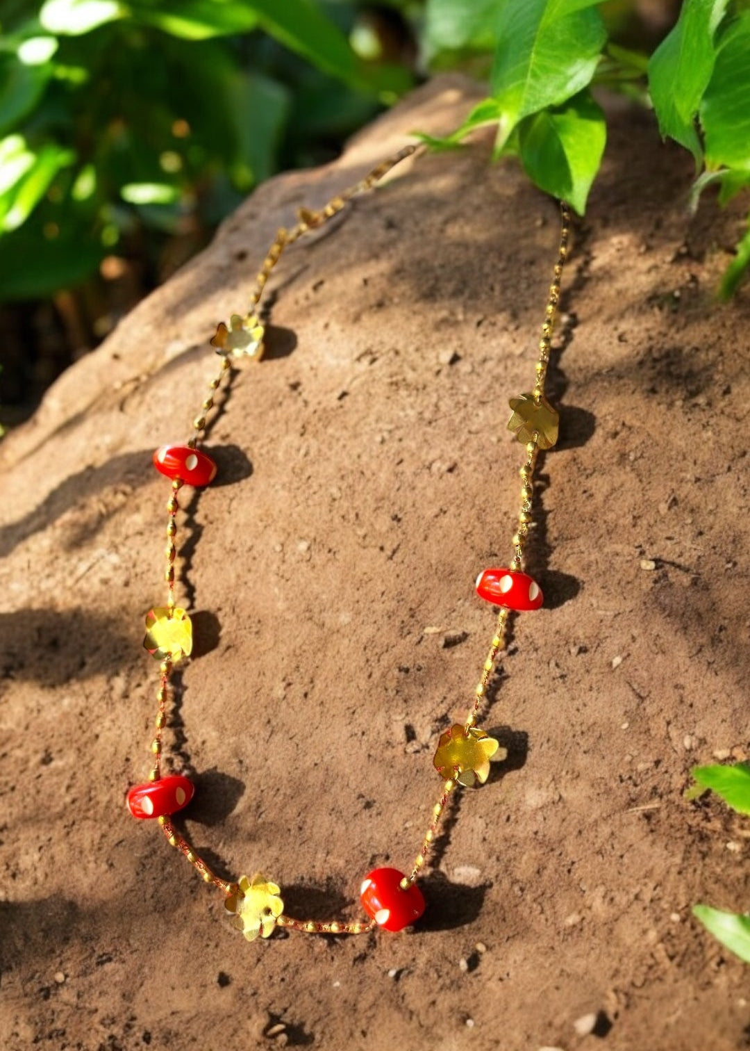 Shiuli Red Beaded Brass Chain Necklace