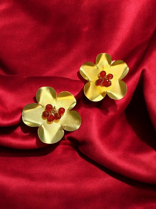 Red Beaded Ghungru Flower Brass Stud Earrings