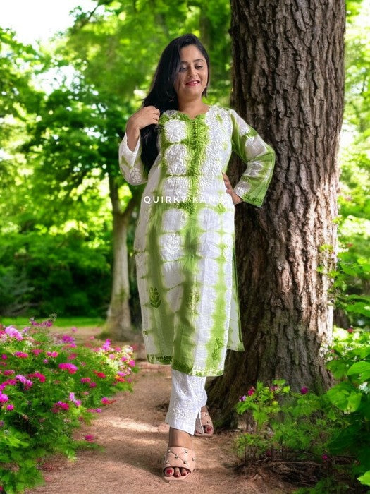 Rangrasiya Chikankari Tie & Dye Cottton Kota Kurta - Green