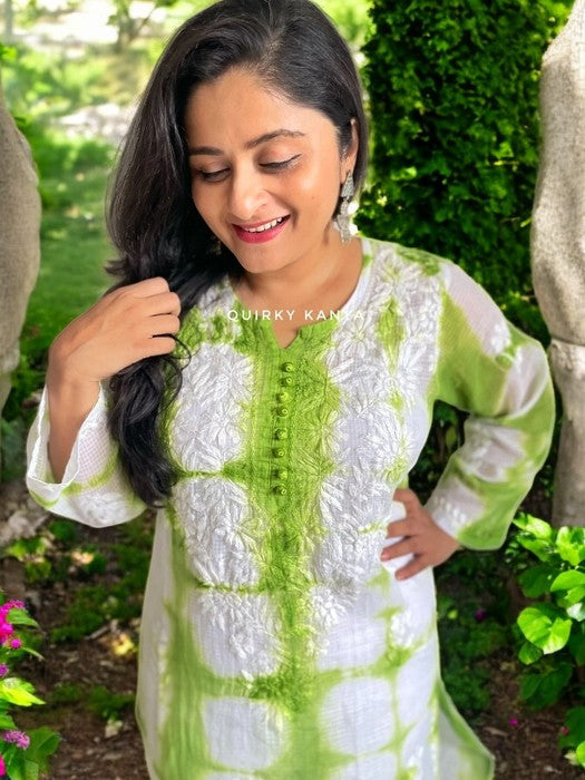 Rangrasiya Chikankari Tie & Dye Cottton Kota Kurta - Green