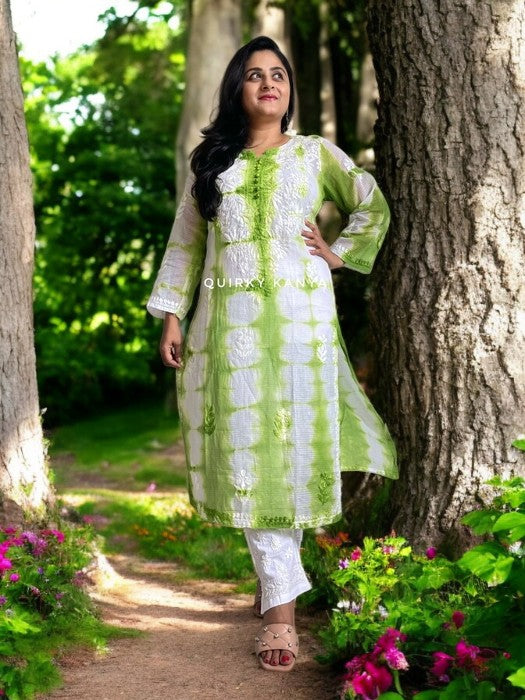 Rangrasiya Chikankari Tie & Dye Cottton Kota Kurta - Green