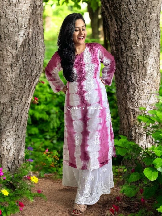 Rangrasiya Chikankari Tie & Dye Cottton Kota Kurta - Purple