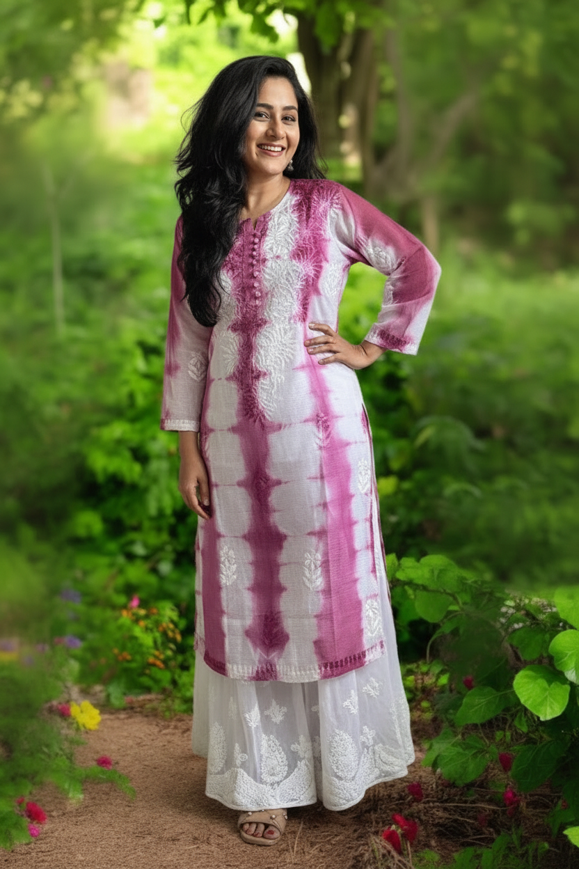 Rangrasiya Chikankari Tie & Dye Cottton Kota Kurta - Purple