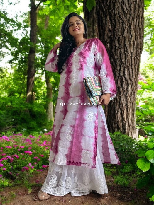 Rangrasiya Chikankari Tie & Dye Cottton Kota Kurta - Purple