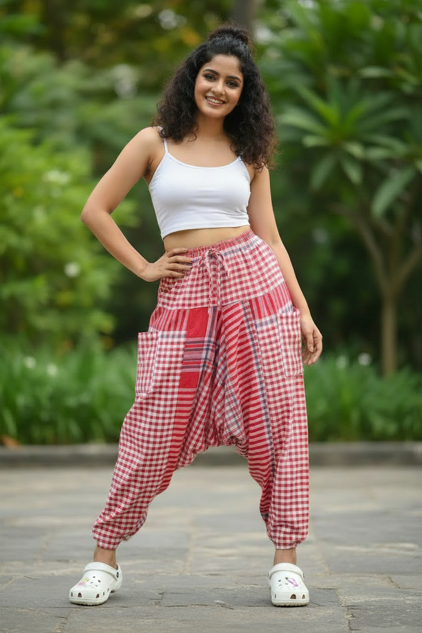 Sawariyaa Gamchha Boho Joggers - Red