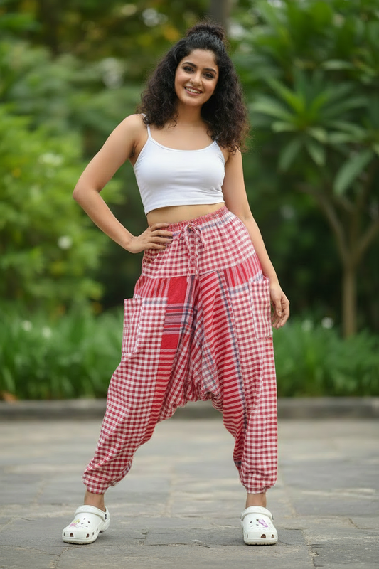 Sawariyaa Gamchha Boho Joggers - Red