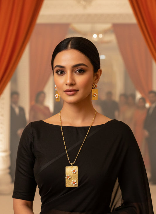 Shiuli Crystal and Brass Pendant Chain Necklace Jewelry Set (Necklace, Earrings)