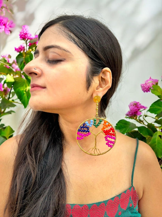 Rainbow Tree of Life Crystal and Brass Dangler Earrings