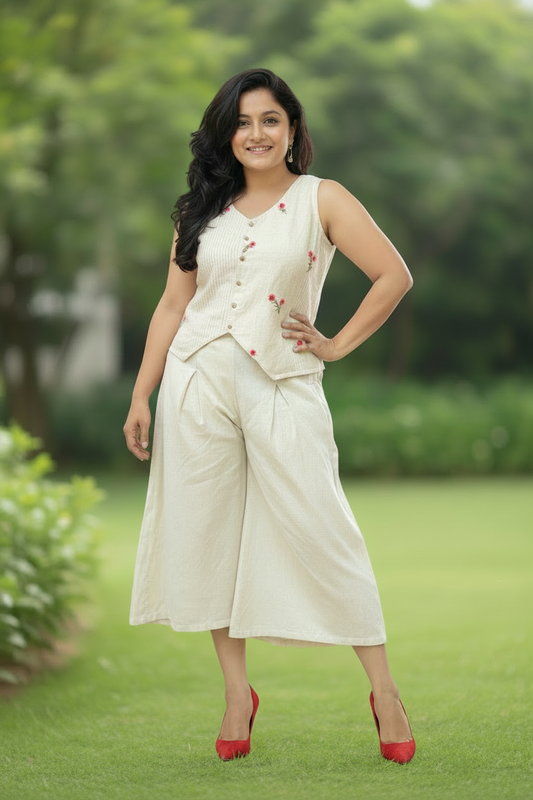White Chocolate Embroidered Cotton Coord Set - Waist Coat
