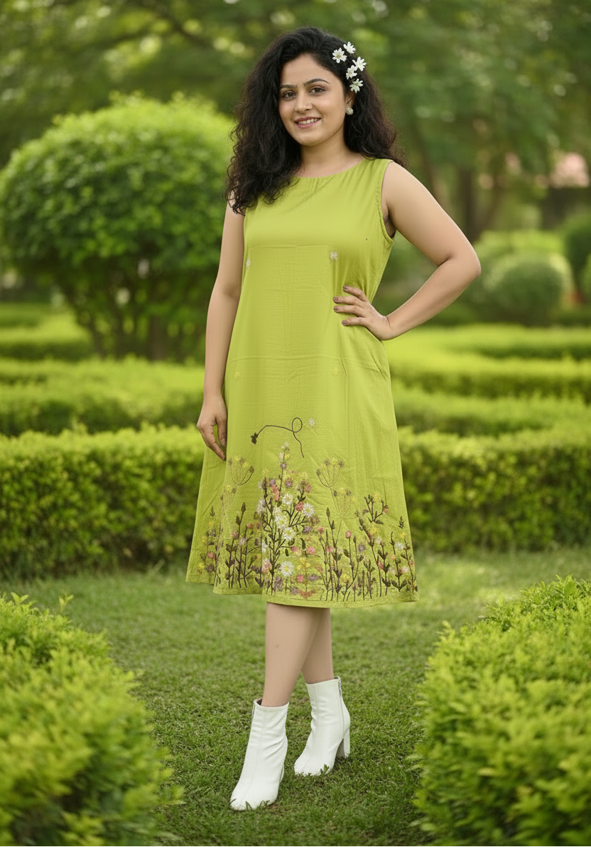 Bianca Embroidered Cotton A-line Dress - Green