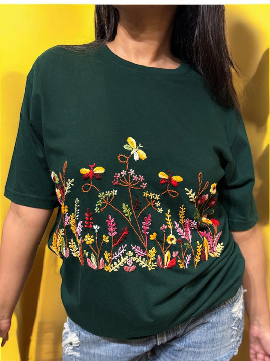 Hana Embroidered T-shirt Top - Green