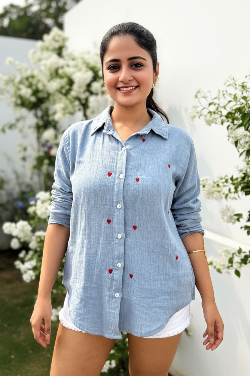 Sweet Hearts Embroidered Crinkled Cotton Shirt - Blue