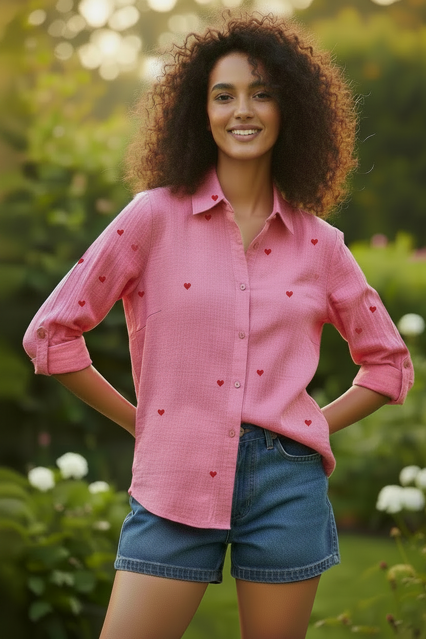 Sweet Hearts Embroidered Crinkled Cotton Shirt - Pink
