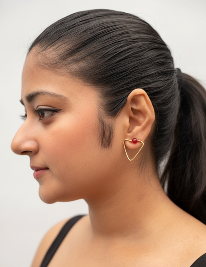 Red Dot Triangle Brass Stud Earrings
