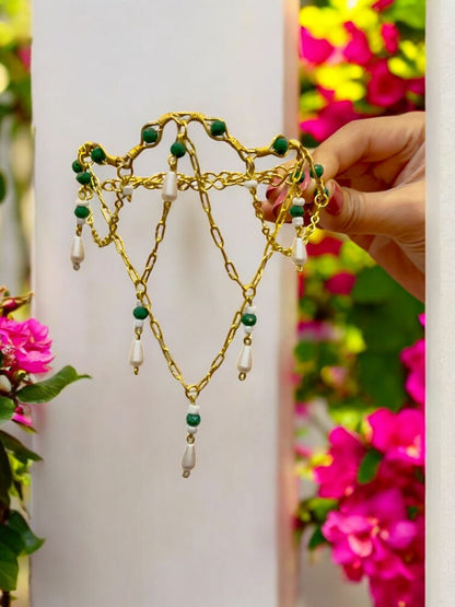 Queen Charlotte Crystal and Brass Choker Necklace Set ( Necklace + Earrings)- Green