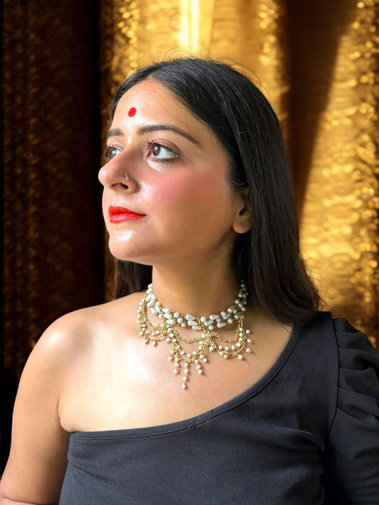 Queen Elizabeth Crystal and Brass Statement Choker Necklace - White