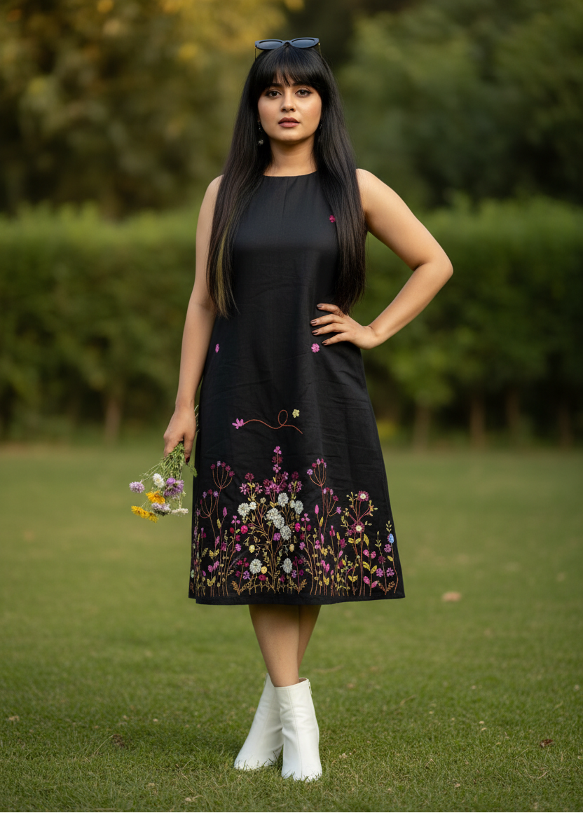 Bianca Embroidered Cotton A-line Dress - Black