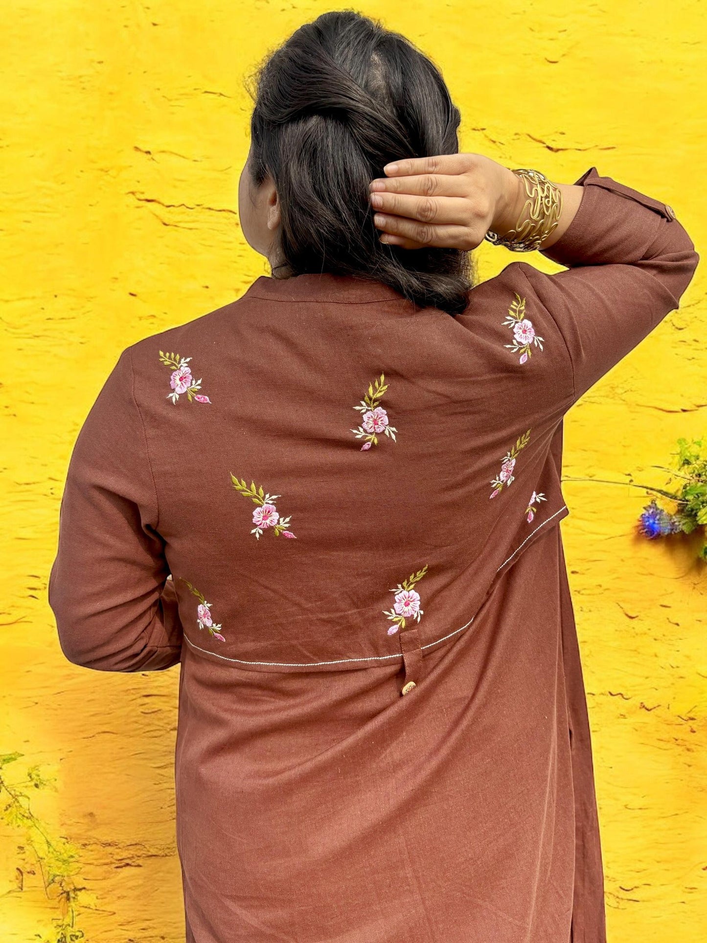 Mother Earth Embroidered Cotton
Long  Jacket - Brown