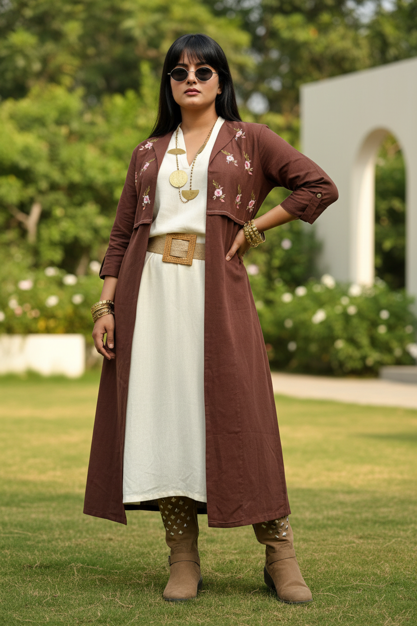 Mother Earth Embroidered Cotton
Long  Jacket - Brown