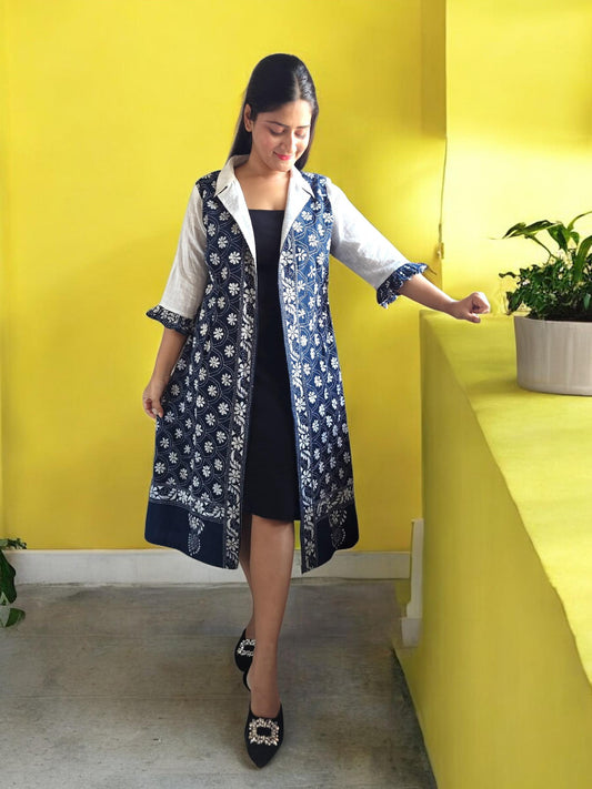 Malini Kanthastitch Cotton Long Jacket- Blue