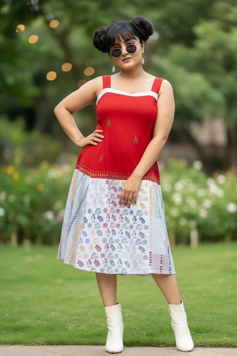 Khushi Kantha Cotton A-line Dress - Red&White
