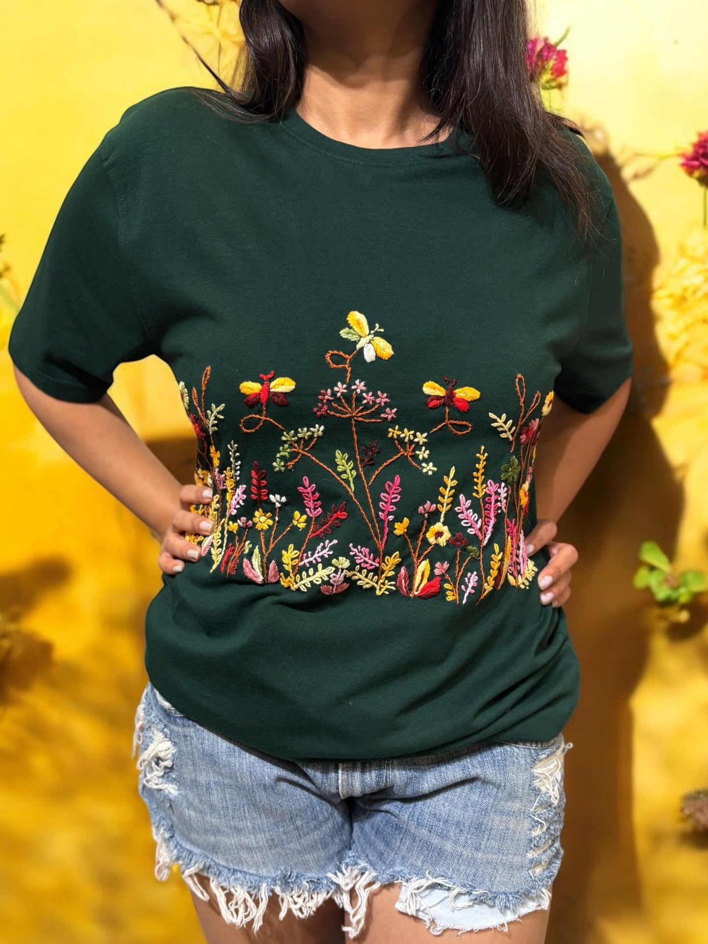 Hana Embroidered T-shirt Top - Green