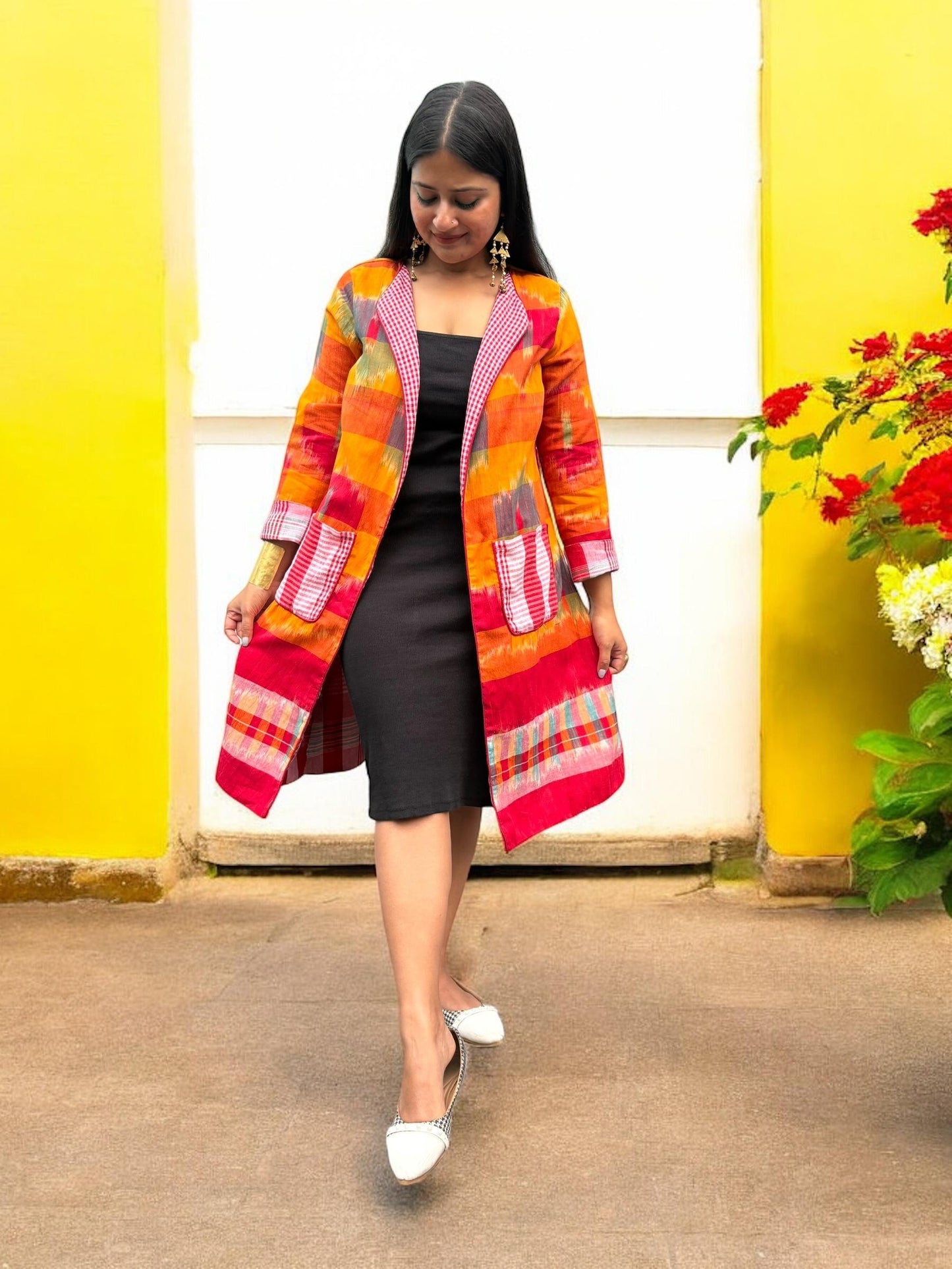 Glamchha Reversible Cotton Long Jacket - Red & Multi