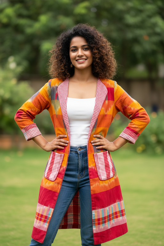 Glamchha Reversible Cotton Long Jacket - Red & Multi Gamchha