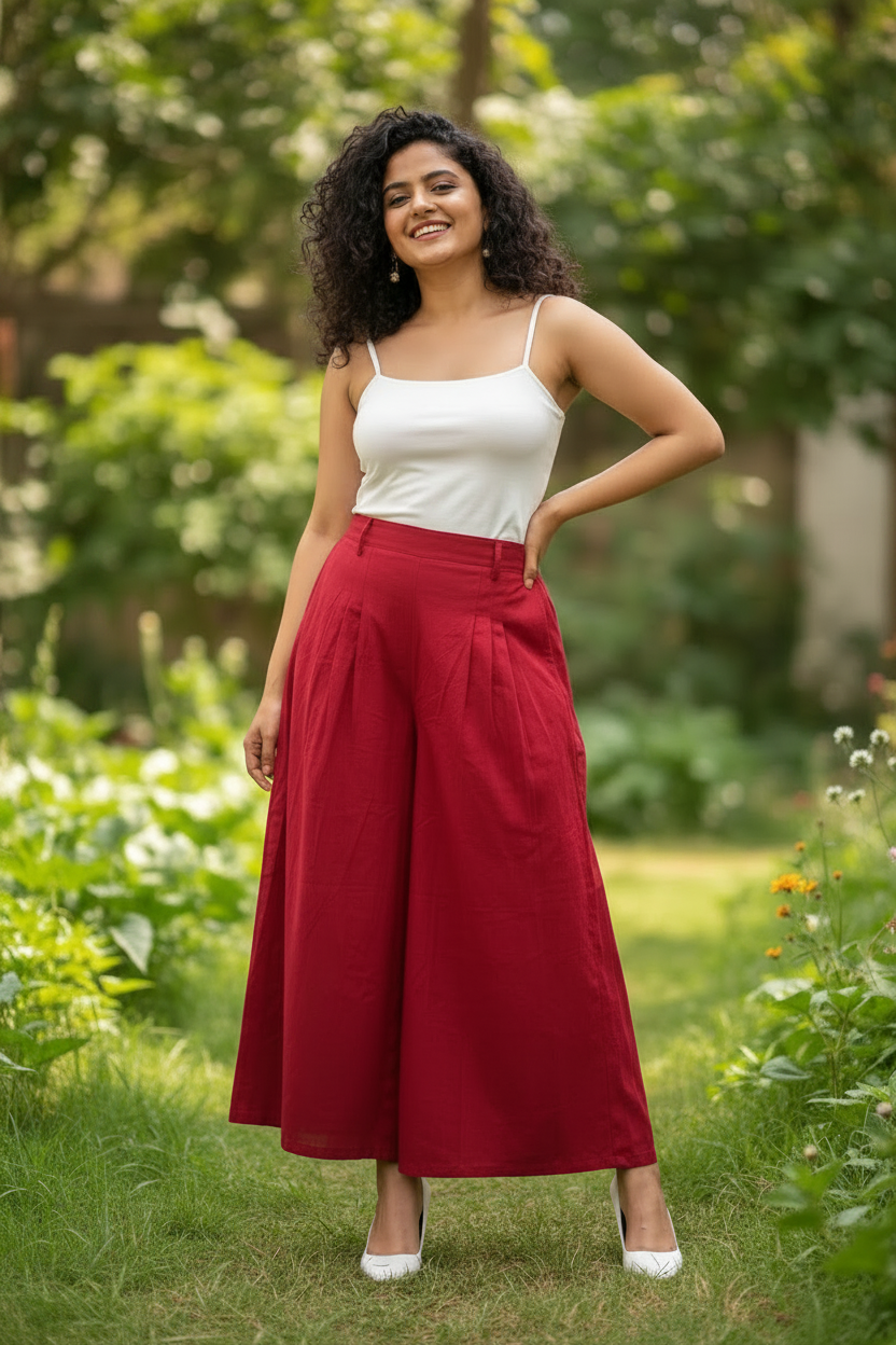 Diana Flared Cotton Palazzos - Maroon