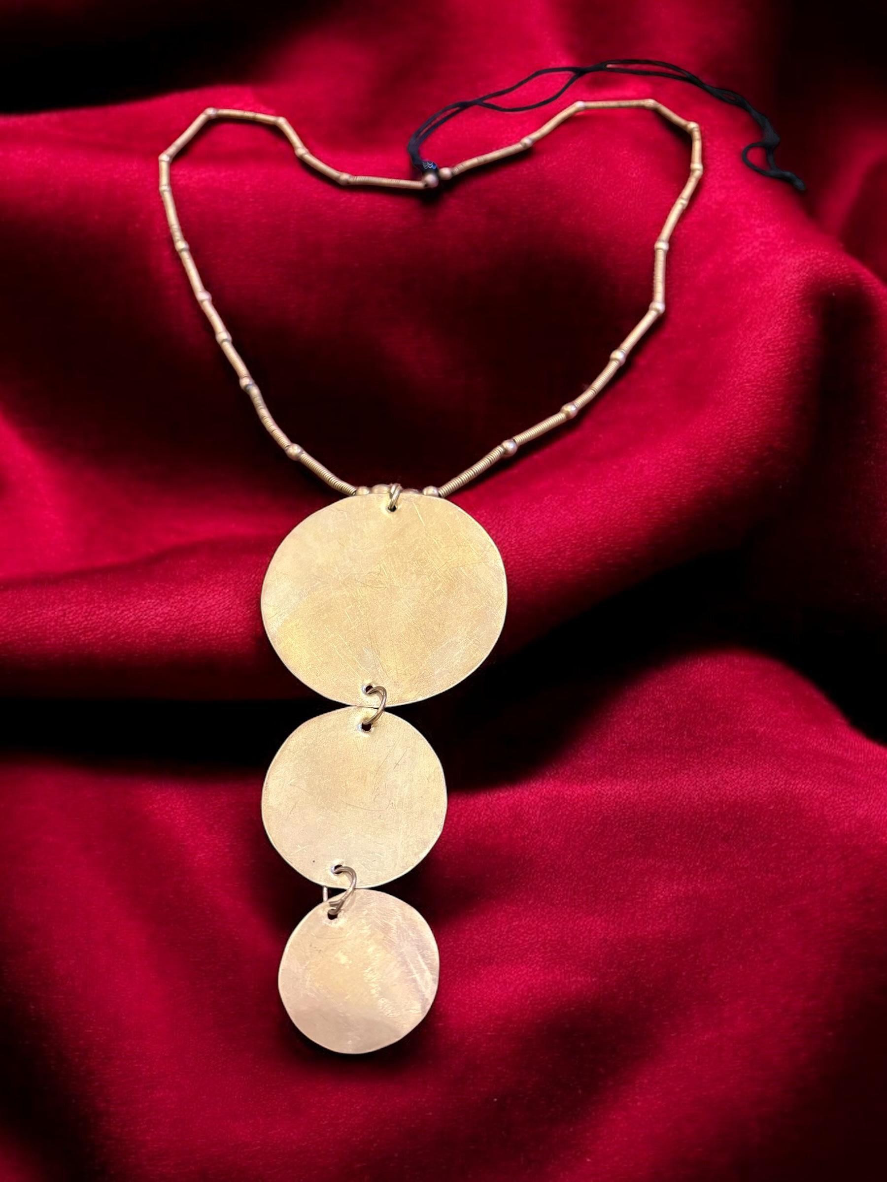 tri-disc-long-chain-brass-necklace