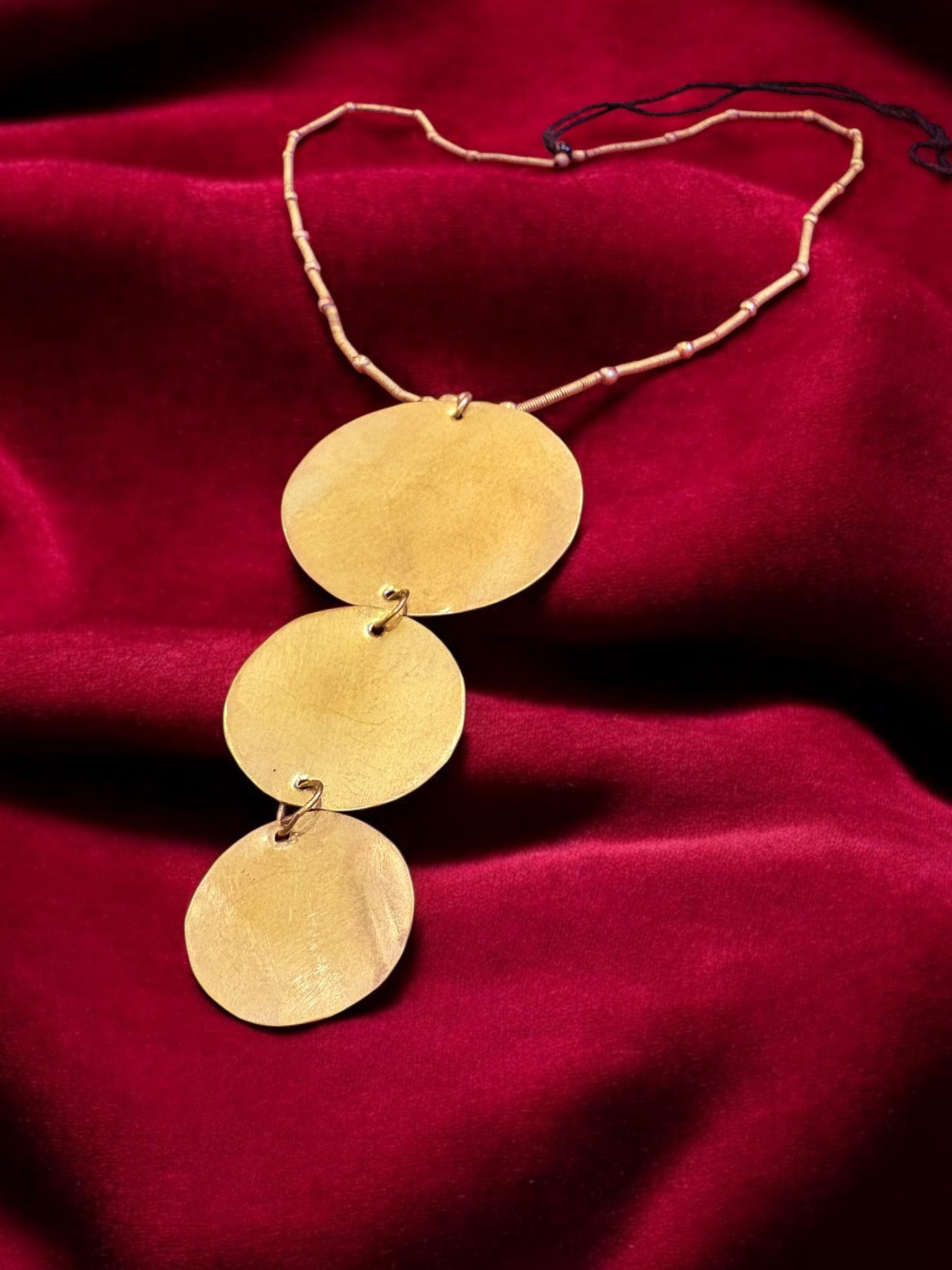 tri-disc-long-chain-brass-necklace