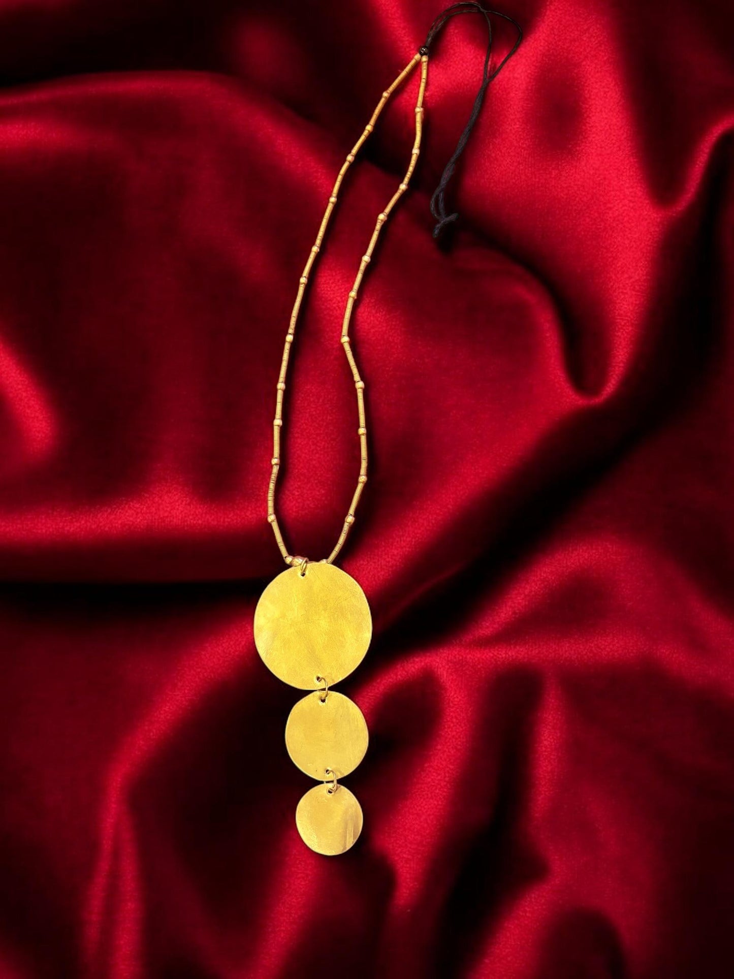 tri-disc-long-chain-brass-necklace