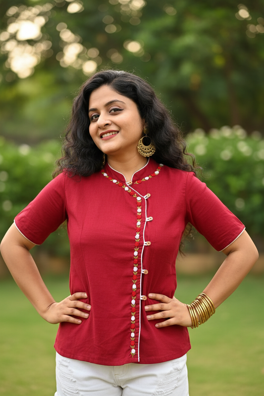 Leishi Cheongsam Cotton Top - Maroon