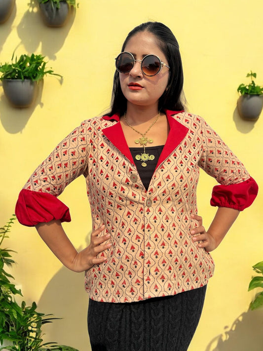 Smritikantha Kanthastitch Puff Sleeved Cotton Jacket - Beige