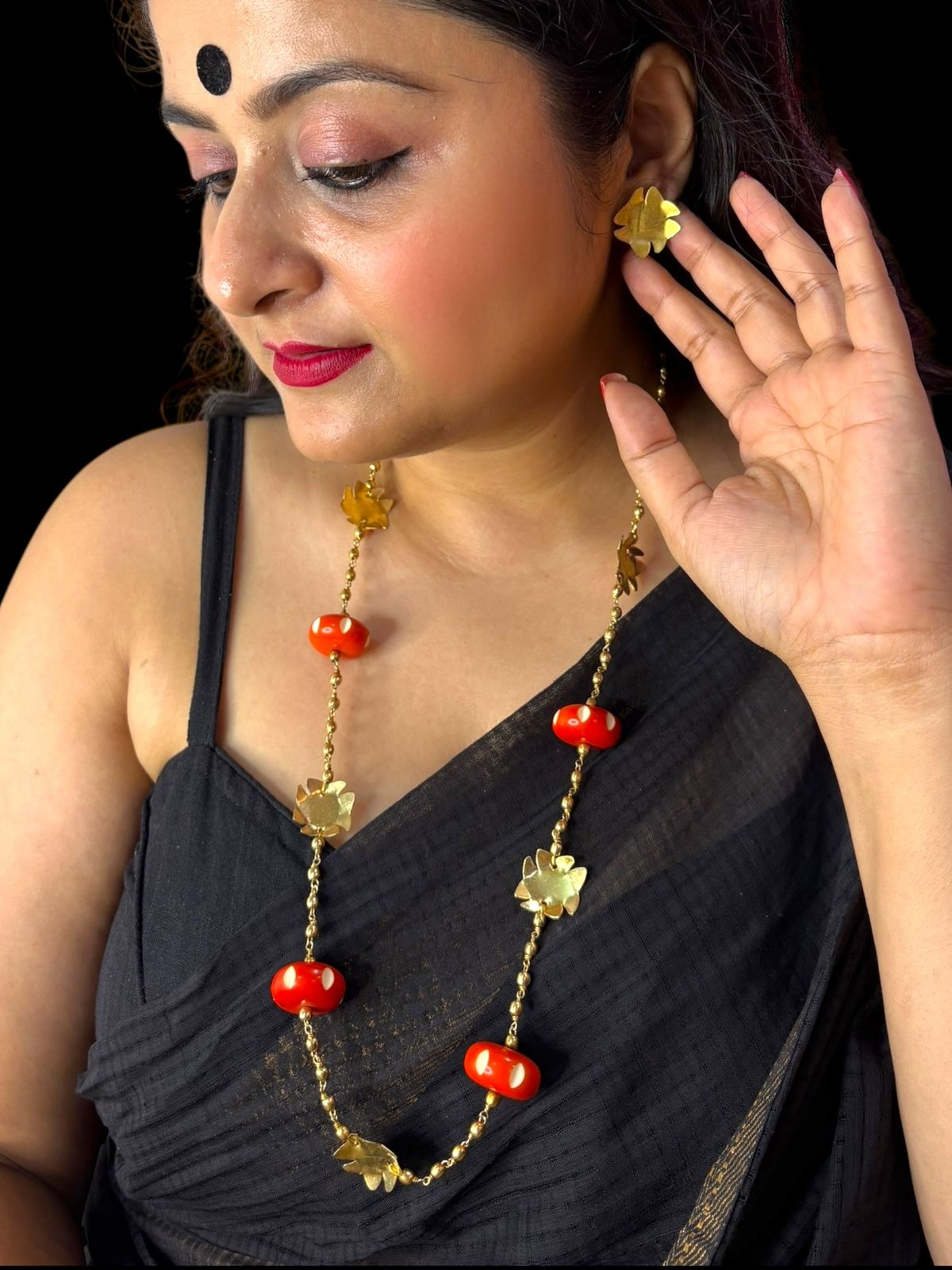 Shiuli Red Beaded Brass Chain Necklace