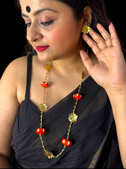 Shiuli Red Beaded Brass Chain Necklace