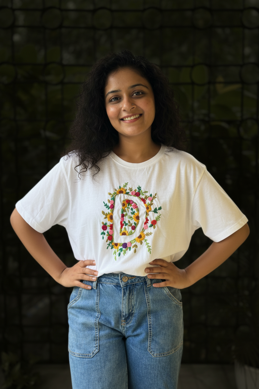 Hana Alphabet Embroidered T-shirt Top - White