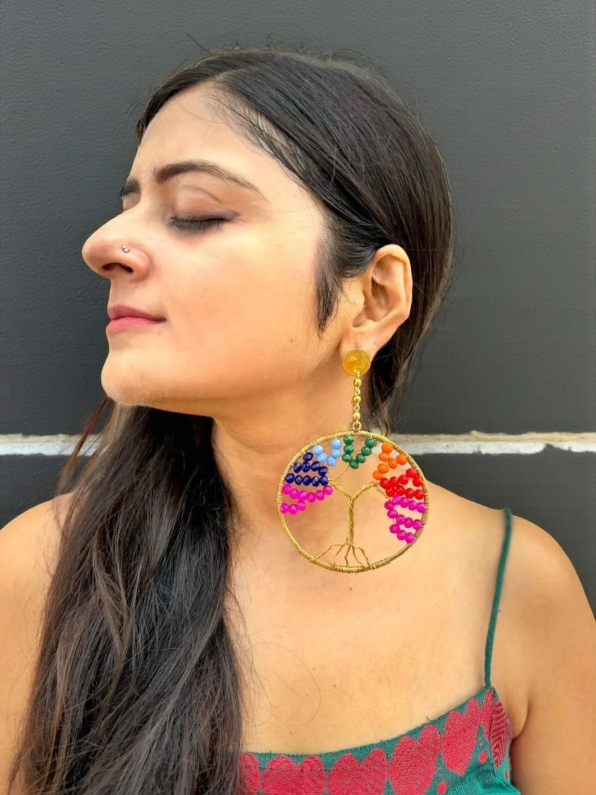 Rainbow Tree of Life Crystal and Brass Dangler Earrings