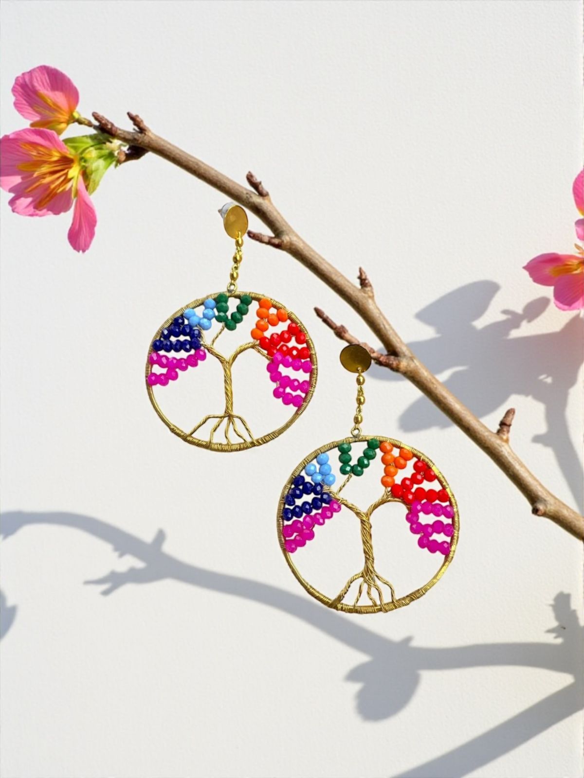 Rainbow Tree of Life Crystal and Brass Dangler Earrings