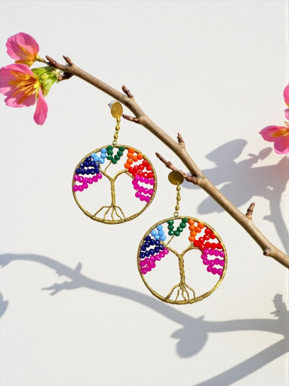 Rainbow Tree of Life Crystal and Brass Dangler Earrings