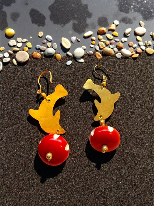 Dolphin Red Beaded Brass Dangler Earrings