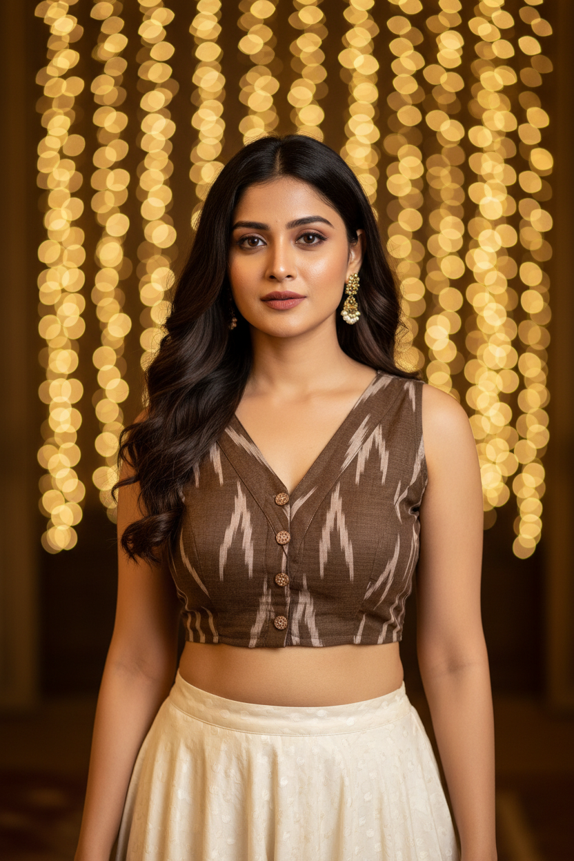 WonderNaari Sleeveless Ikkat Print Cotton Blouse- Brown