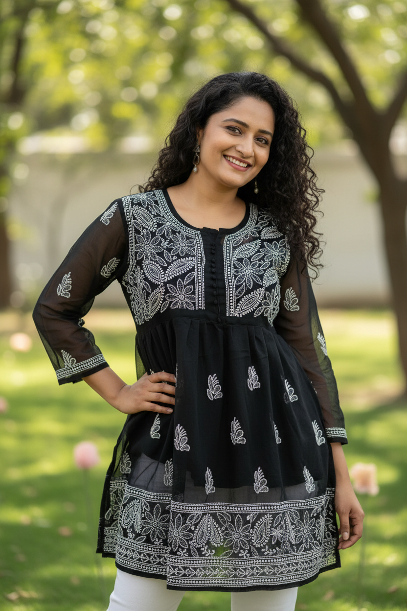Yamini Chikankari Georgette Short Kurta - Black