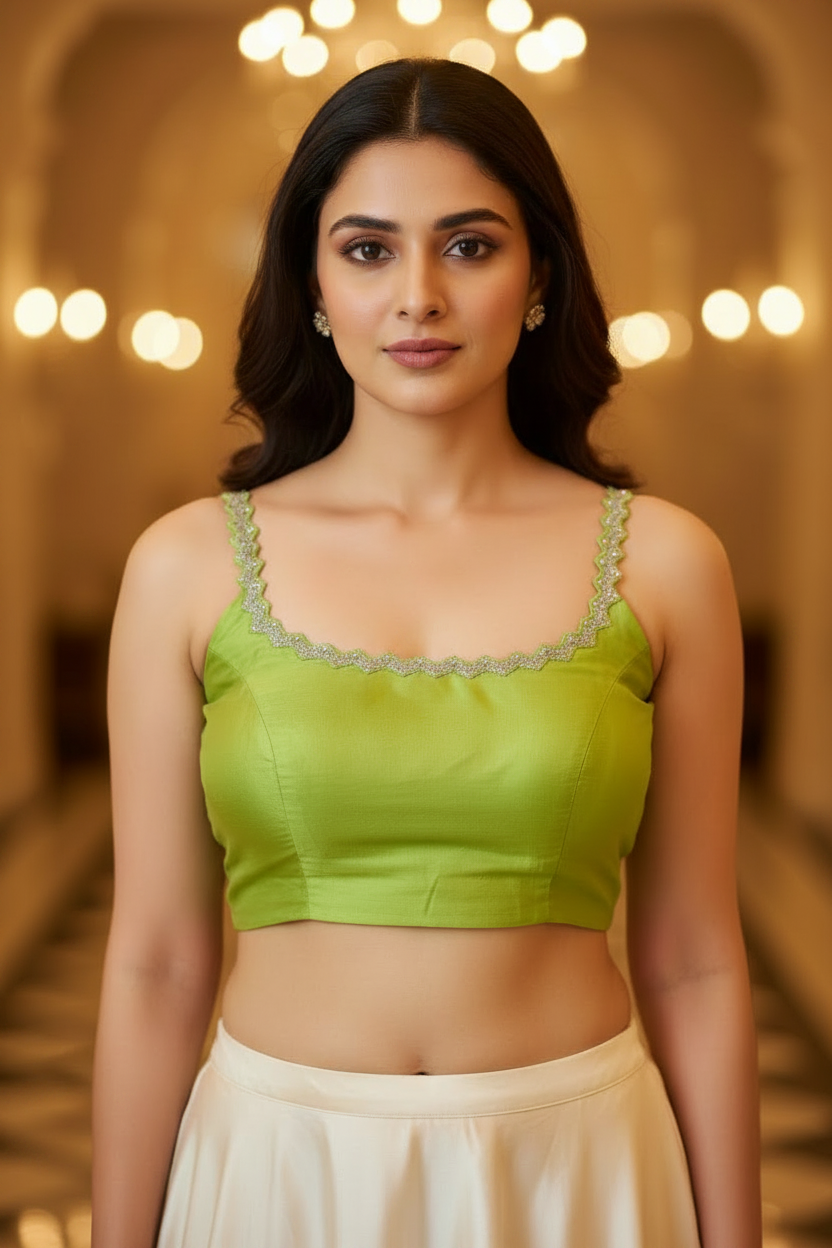 Zigzag Sequins Cotton Silk Blouse - Lime Green