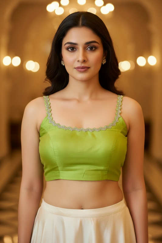 Zigzag Sequins Cotton Silk Blouse - Lime Green