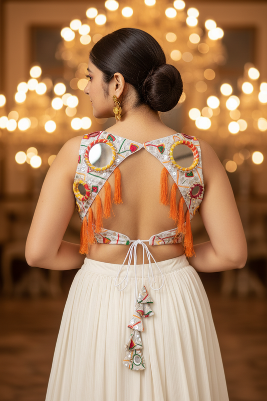 Silver Banjaran Mirrorwork Backless Blouse - Silver