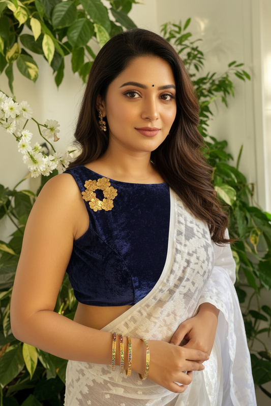 Blue Diva Velvet Designer Blouse - Navy Blue