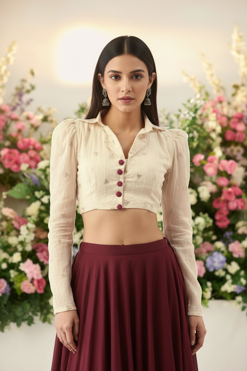 Creme-de-la-creme Shirt Collar Cotton Blouse - Off-White