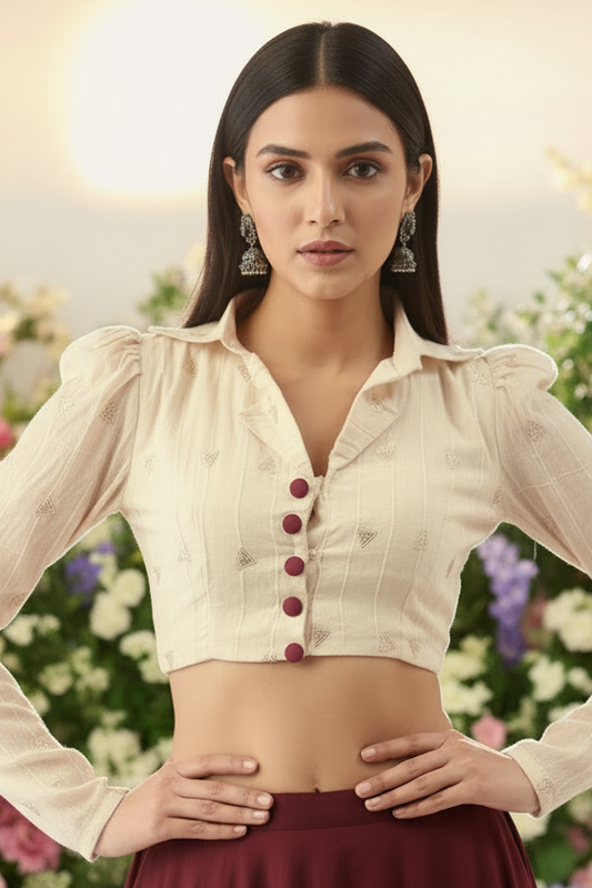 Creme-de-la-creme Shirt Collar Cotton Blouse - Off-White