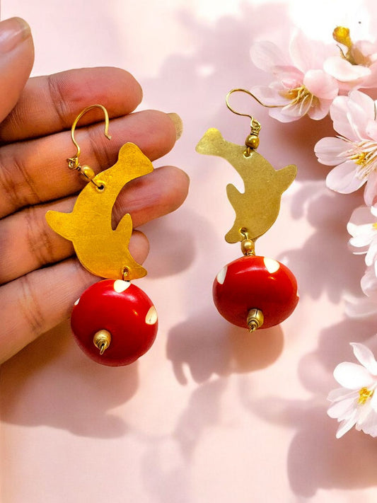 dolphin-red-beaded-brass-earrings